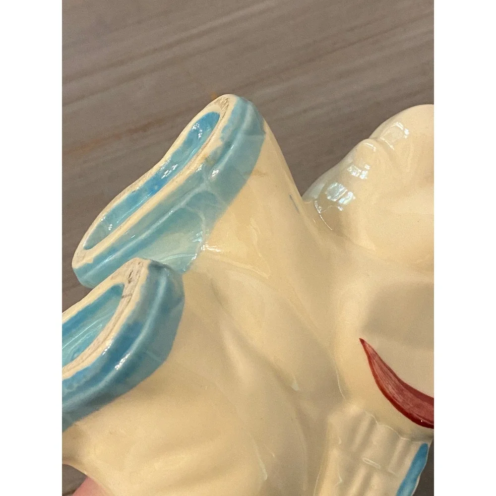 Vintage USA Ceramic Elephant Planter Cream Blue Red Mid Century Pottery Novelty